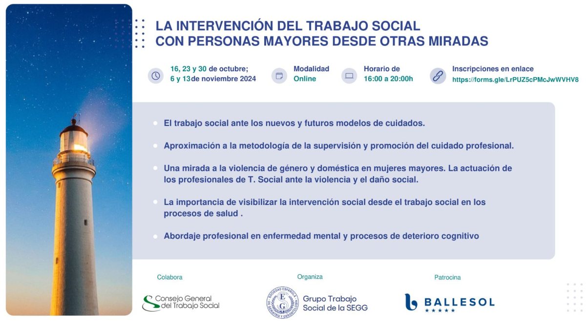 Cartel del curso online organizado por la SEGG "La intervención del Trabajo Social con personas mayores desde otras miradas"