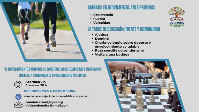 Programa de la I Olimpiada del Envejecimiento Saludable: pruebas de resistencia, fuerza y velocidad por la mañana y actividades de mente y comunidad por la tarde